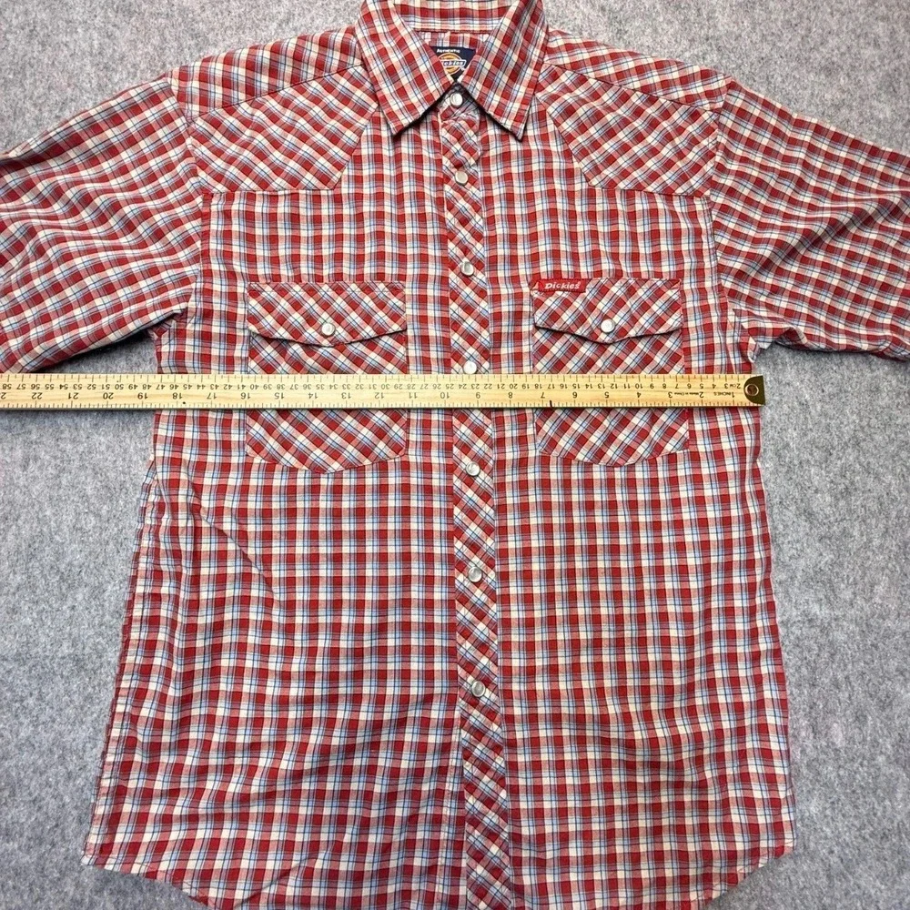 Dickies Western Shirt Mens S Pearl Snap Cotton Blend Red Blue Plaid Short Sleeve